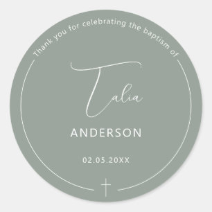 Minimalist Baptism Simple Cross Sage Classic Round Sticker