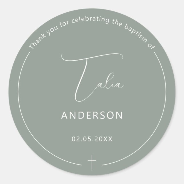 Minimalist Baptism Simple Cross Sage Classic Round Sticker (Front)