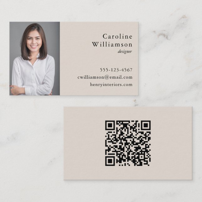 Minimalist Basic Black Cream Professional Photo QR Business Card (Front/Back)