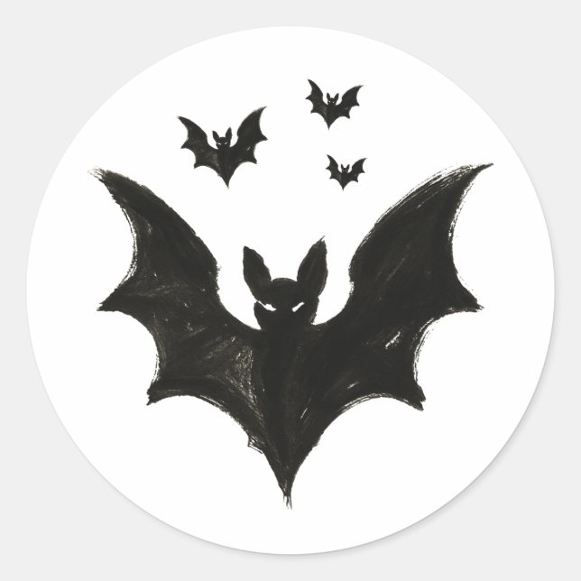 Minimalist Bat – Ink Brush Halloween Creature on Classic Round Sticker (Front)