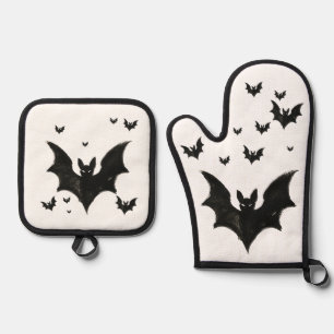 Minimalist Bat – Ink Brush Halloween Creature on Oven Mitt & Pot Holder Set