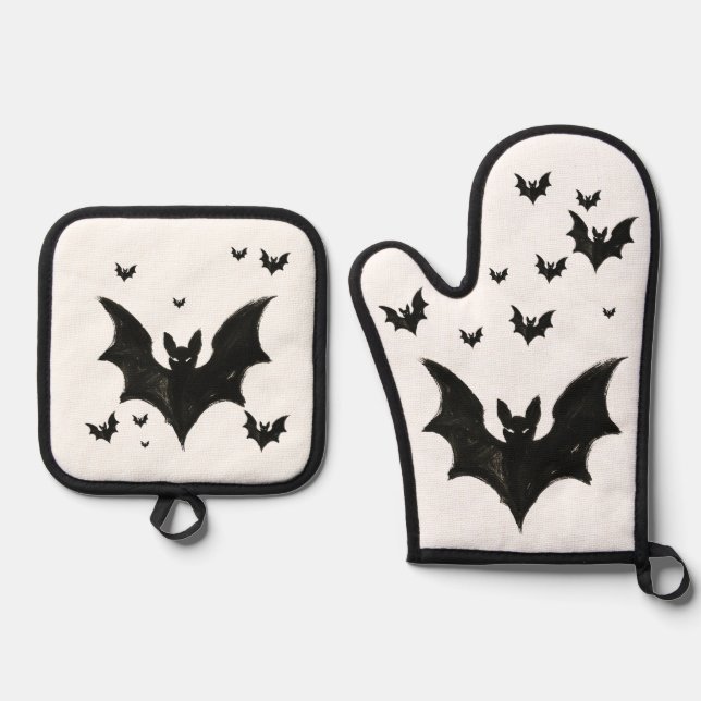 Minimalist Bat – Ink Brush Halloween Creature on Oven Mitt & Pot Holder Set (Front)