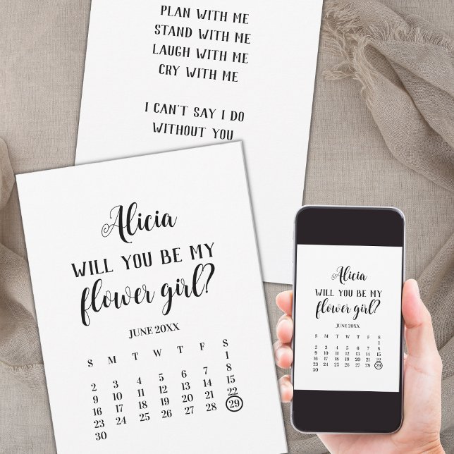 Minimalist Be My Flower Girl Calendar Proposal Invitation (save the date flower girl proposal calendar minimalist, will you be my flower girl card)