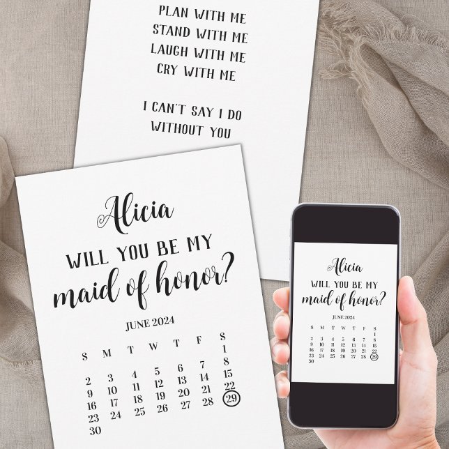 Minimalist Be My Maid of Honour Calendar Proposal Invitation (save the date calendar maid of honor proposal minimalist, will you be my maid of honor card)