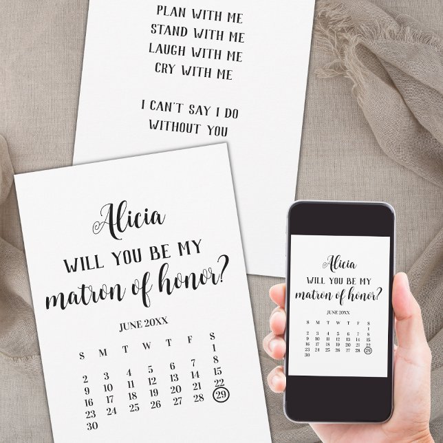 Minimalist Be My Matron of Honour Calendar Proposa Invitation (save the date matron of honor calendar minimalist, will you be my matron of honor card)