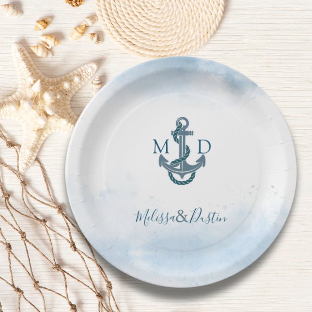Minimalist Beach Blue Anchor Nautical Wedding  Paper Plate (Minimalist Beach Blue Anchor Nautical Wedding Paper Plates)