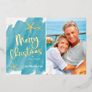 Minimalist Beach Watercolor Merry Christmas  Foil Holiday Card