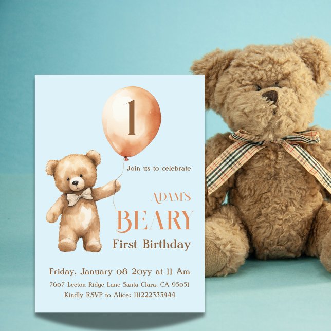 Minimalist Bear Blue Boy Beary 1st Birthday Invitation (Creator Uploaded)