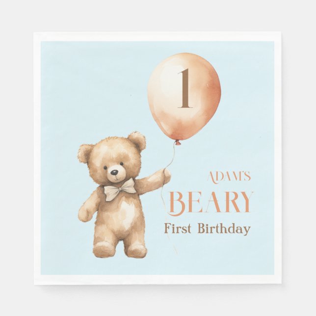 Minimalist Bear Blue Boy Beary 1st Birthday Napkin (Front)