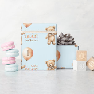 Minimalist Bear Blue Boy Beary 1st Birthday Wrapping Paper