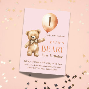 Minimalist Bear Pink Girl Beary 1st Birthday Invitation