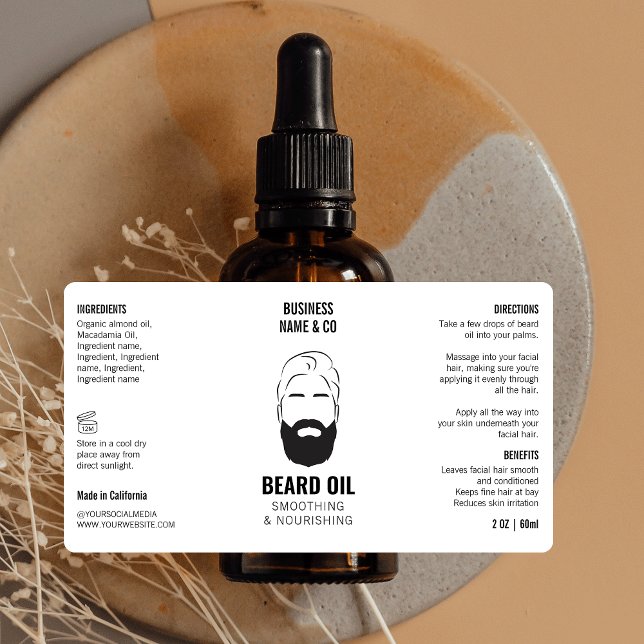 Minimalist Beard Oil Label Mens Product Packaging (Stylish beard and moustache oil bottle wrapper label design with icon and product ingredients)