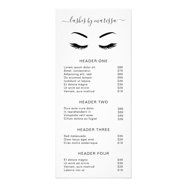 Minimalist Beauty Salon Lashes Price List Rack Card (Front)