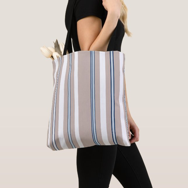 Minimalist Beige and White Striped Tote bag (Close Up)