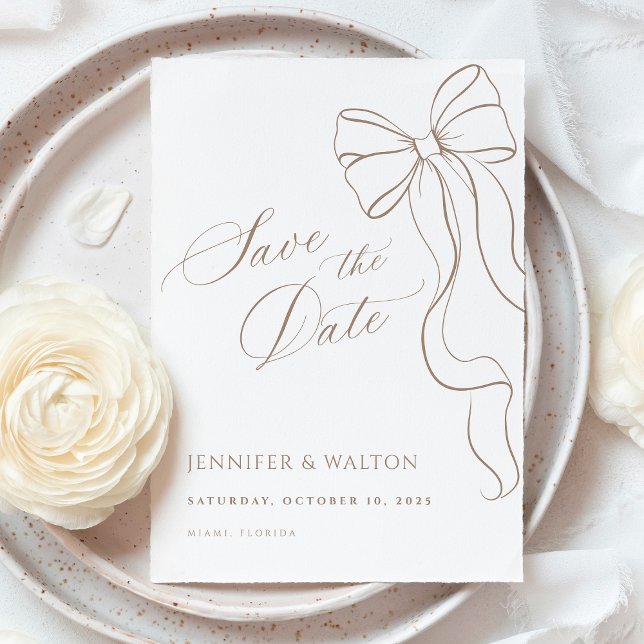 Minimalist Beige Bow Save the Date Card (Creator Uploaded)