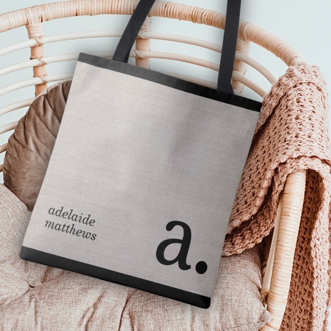 Minimalist Beige Faux Linen Look Monogram Name Tote Bag (Creator Uploaded)