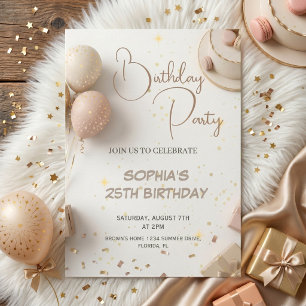 Minimalist Beige & Gold Birthday Party Design  Invitation