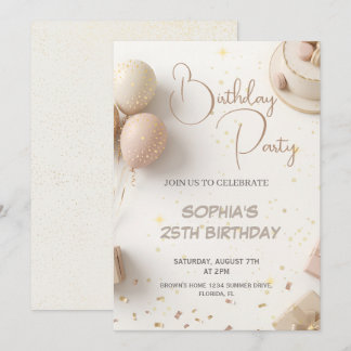 Minimalist Beige & Gold Birthday Party Design  Invitation