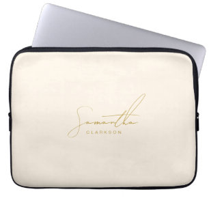 Minimalist Beige & Gold Handwritten Cursive Script Laptop Sleeve