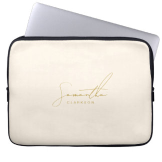 Minimalist Beige & Gold Handwritten Cursive Script Laptop Sleeve