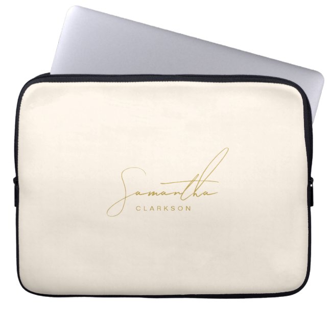 Minimalist Beige & Gold Handwritten Cursive Script Laptop Sleeve (Front)