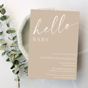 Minimalist beige hello baby gender neutral shower invitation