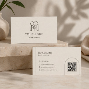 Minimalist Beige Modern Arch Logo QR Code Business Card