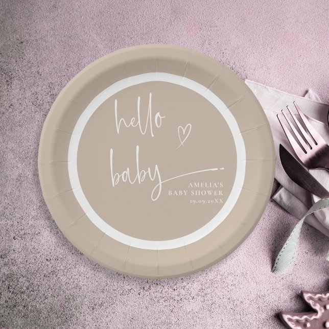 Minimalist Beige Modern Hello Baby Baby Shower Paper Plate (Creator Uploaded)
