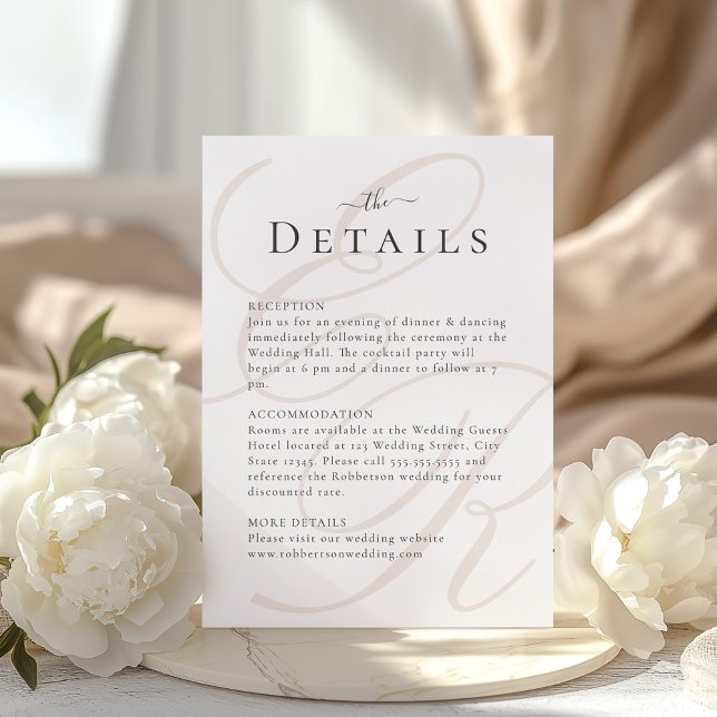 Minimalist Beige Monogram Wedding Details Card (Minimalist Beige Monogram Wedding Details Card with beautiful white peonies.)