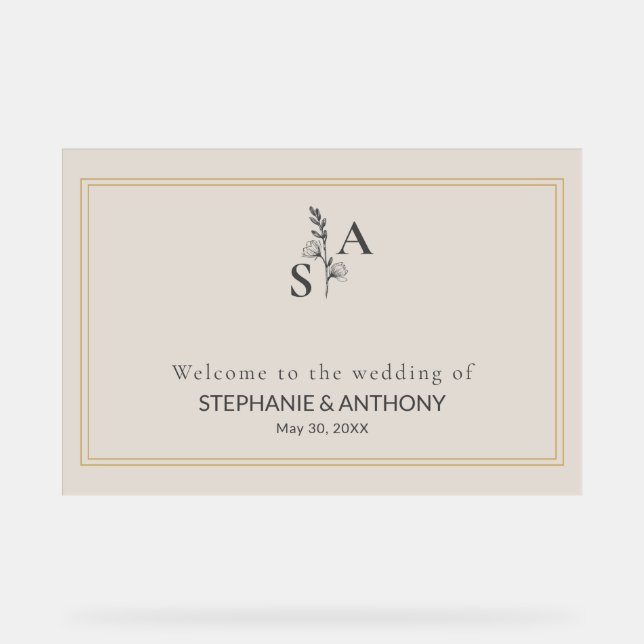 Minimalist Beige Monogram Wildflower Wedding Acrylic Sign (Front)