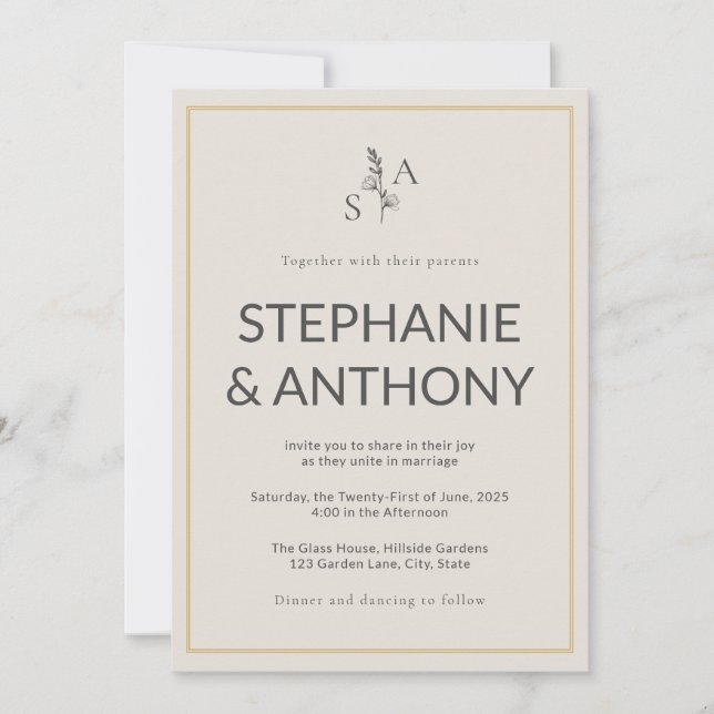 Minimalist Beige Monogram Wildflower Wedding Invitation (Front)