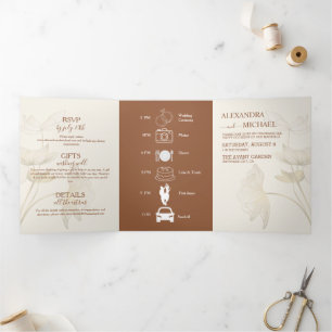 Minimalist Beige Neutral Monogram Wedding Tri-Fold Invitation
