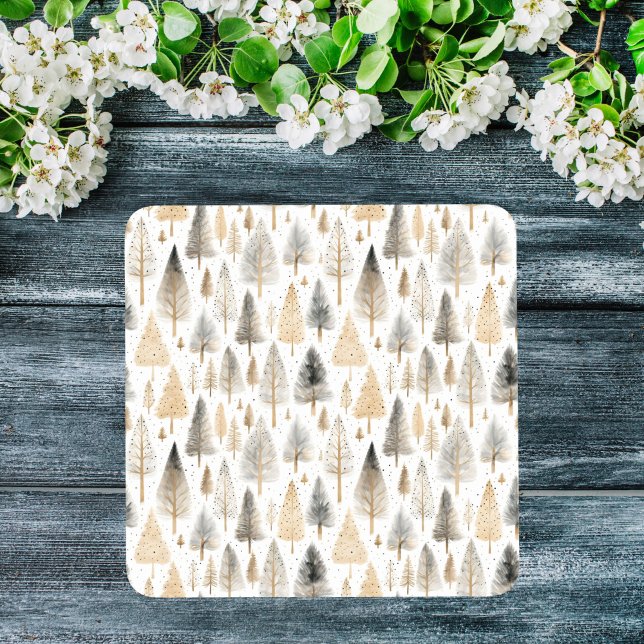 Minimalist Beige Nordic Folk Art Scandi Trees Glass Coaster (Minimalist Beige Nordic Folk Art Scandi Trees Glass Coaster)