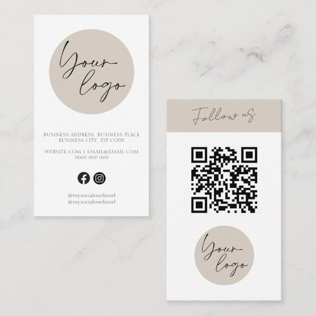Minimalist Beige QR Code Logo Business Card (Front/Back)