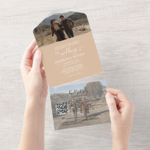 Minimalist Beige QR Code RSVP Wedding All In One Invitation