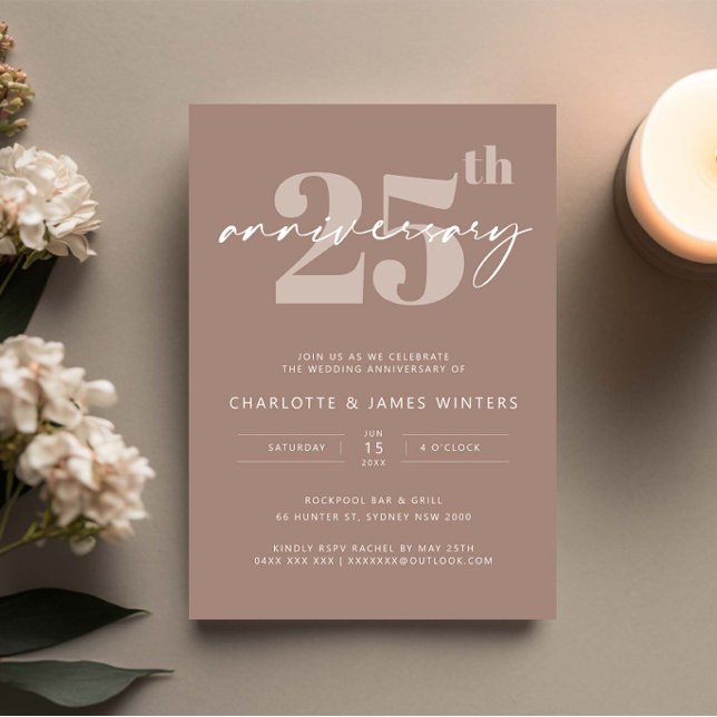 Minimalist beige script 25th wedding anniversary invitation (Creator Uploaded)