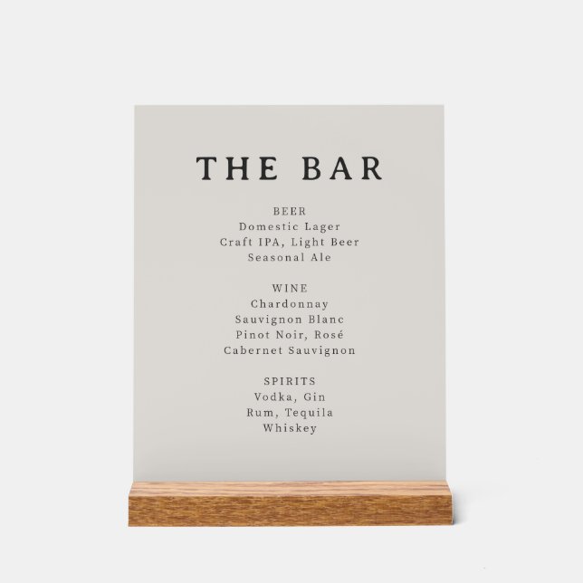 Minimalist Beige Serif Bar Menu Acrylic Sign (Front)