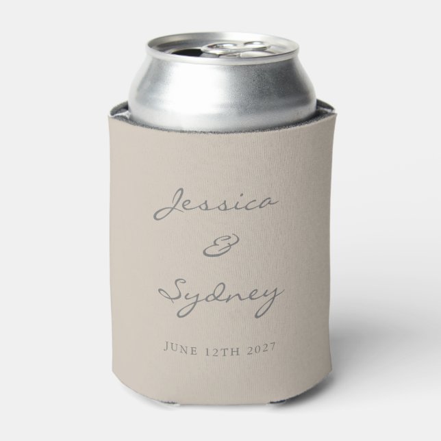 Minimalist Beige Taupe Script Wedding Custom Can Cooler (Can Front)