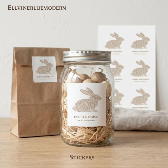 Minimalist Beige Typography Rabbit Easter Square Sticker (Modern beige word-art rabbit with "Easter Blessings" a neutral, chic accent for any spring decor.)