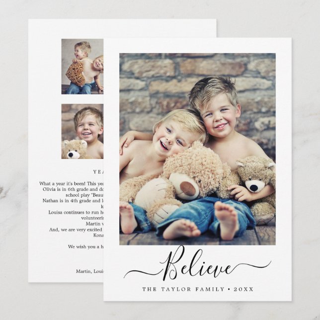 Minimalist Believe Year In Review Portrait Holiday Card (Front/Back)