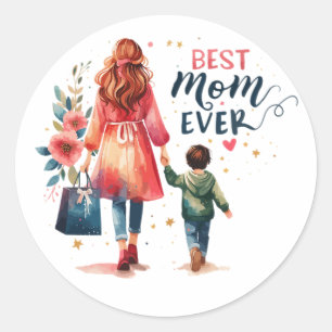 Minimalist Best Mum Ever Typography,Modern Script Classic Round Sticker