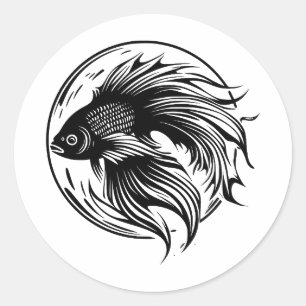 Minimalist Betta Fish: Black & White Art Classic Round Sticker