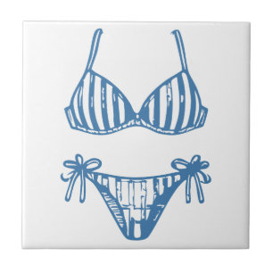 Minimalist Bikini Line Art Blue Outline Coastal Ceramic Tile