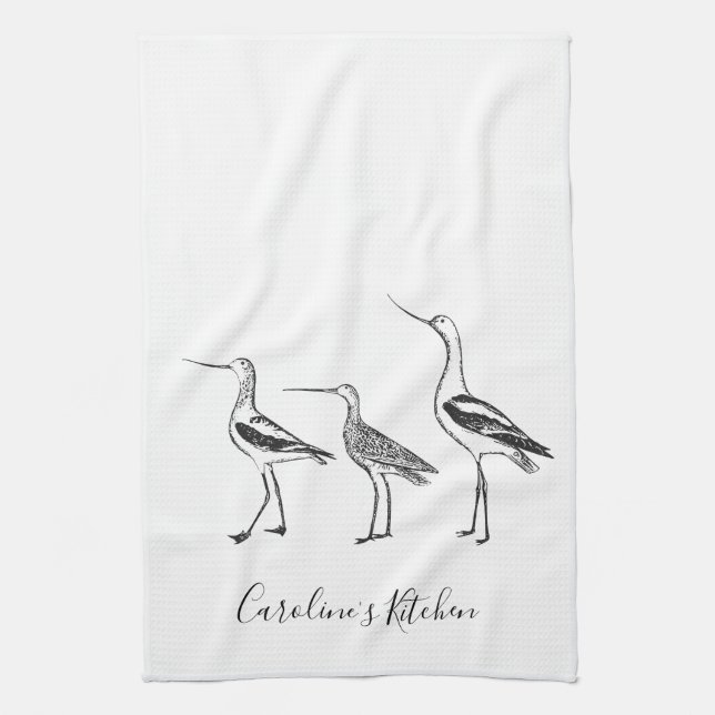 Minimalist Bird Drawing Black White Personalised  Tea Towel (Vertical)
