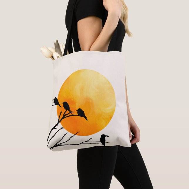 Minimalist Birds on Branch with Orange Sun Tote Bag (Close Up)
