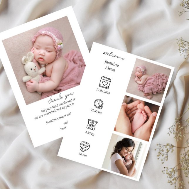 Minimalist Birth Announcement with Photo Collage (Birth Announcement (Front & Back))