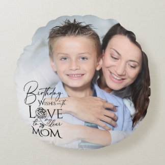 Minimalist Birthday Photo Frame Calligraphy Mom Round Cushion