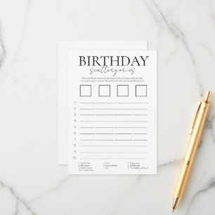 Minimalist birthday scattergories game card