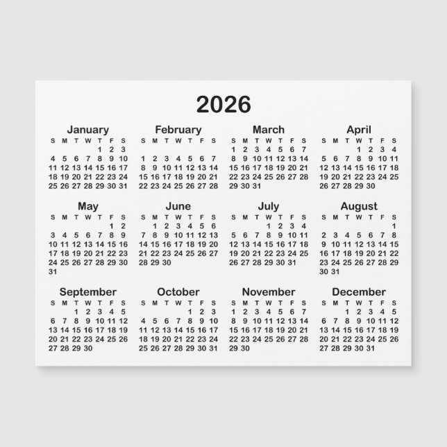 Minimalist Black 2026 Magnetic Calendar (Front)