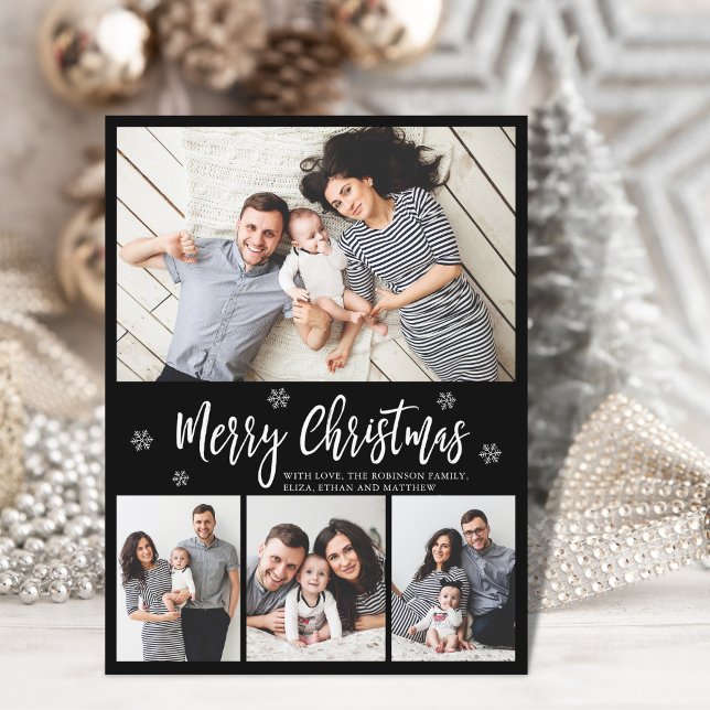 Minimalist Black 4 Photo Collage Script Christmas Postcard (Creator Uploaded)